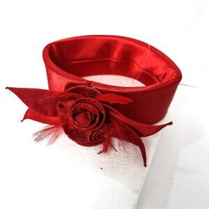 Pill box Round Wrap Red Satin w/ roses Hat EUC NWT